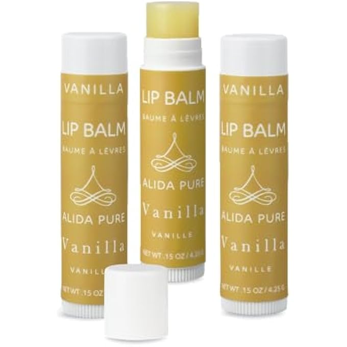 ALIDA PURE VANILLA LIP BALM COLLECTION, VEGAN LIP BALM SET, BEESWAX FREE, WITH AVOCADO OIL, ORGANIC JOJOBA OIL, AND VITAMIN E, NATURAL MOISTURIZER FOR DRY, CHAPPED LIPS, 3 TUBE SET - Image 1
